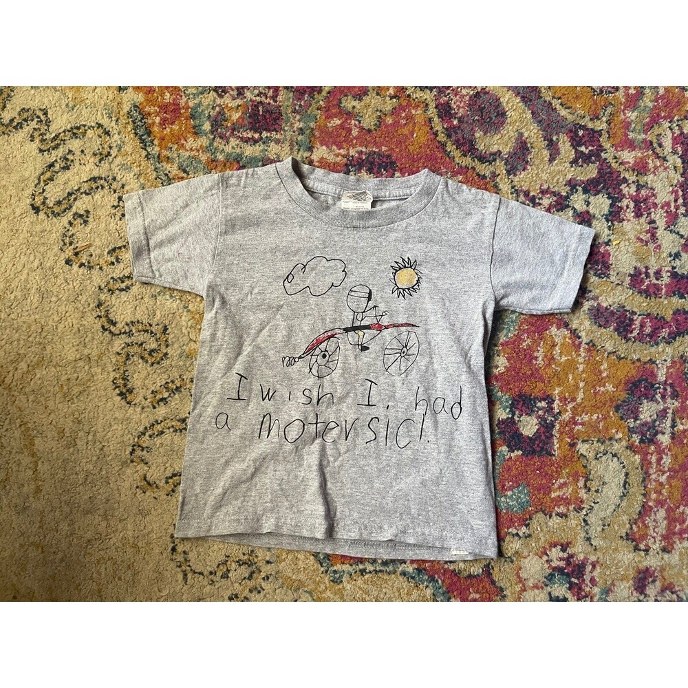 Rare Novelty Kid Art "I Wish I Had A Motersicl" Gray Tee Shirt